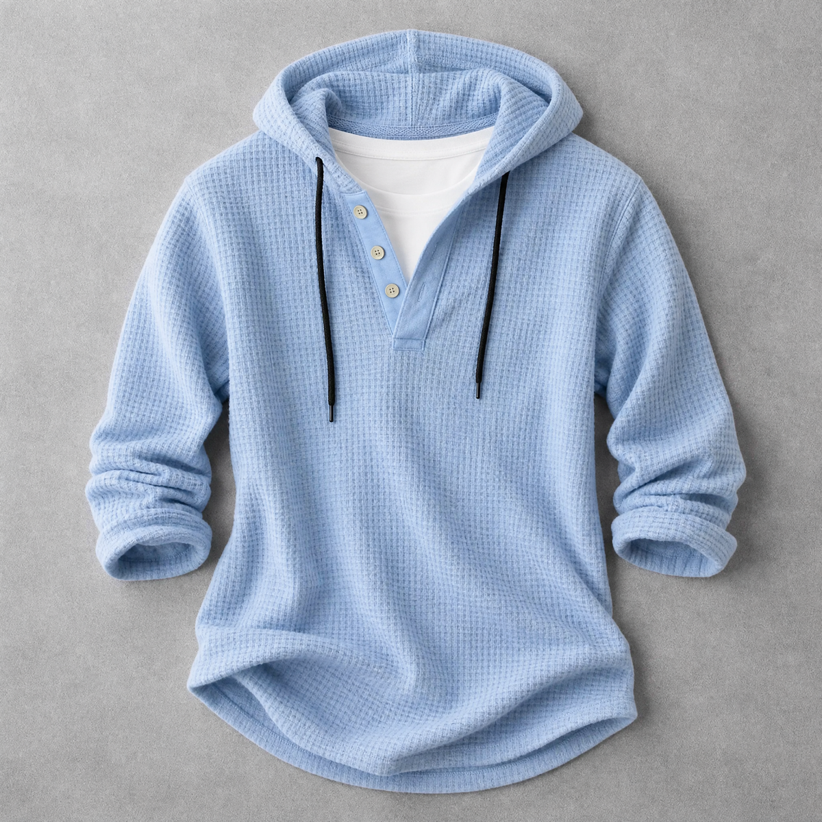 Men's Waffle-Knit Henley Hoodie in Blue – front view | Hensley London