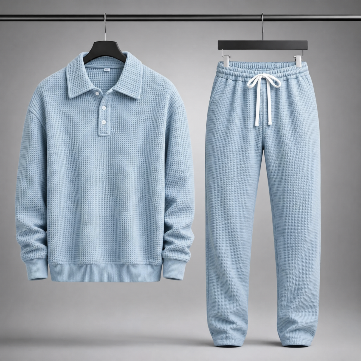 Men's Waffle-Knit Polo and Drawstring Trouser Set in Blue – front view of set | Hensley London