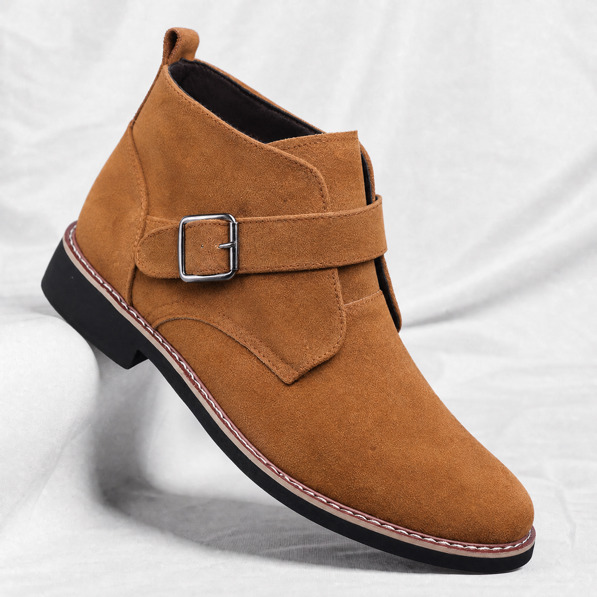 Men's Buckle-Strap Ankle Boots with Tapered Toe in Brown – three-quarter product view | Hensley London
