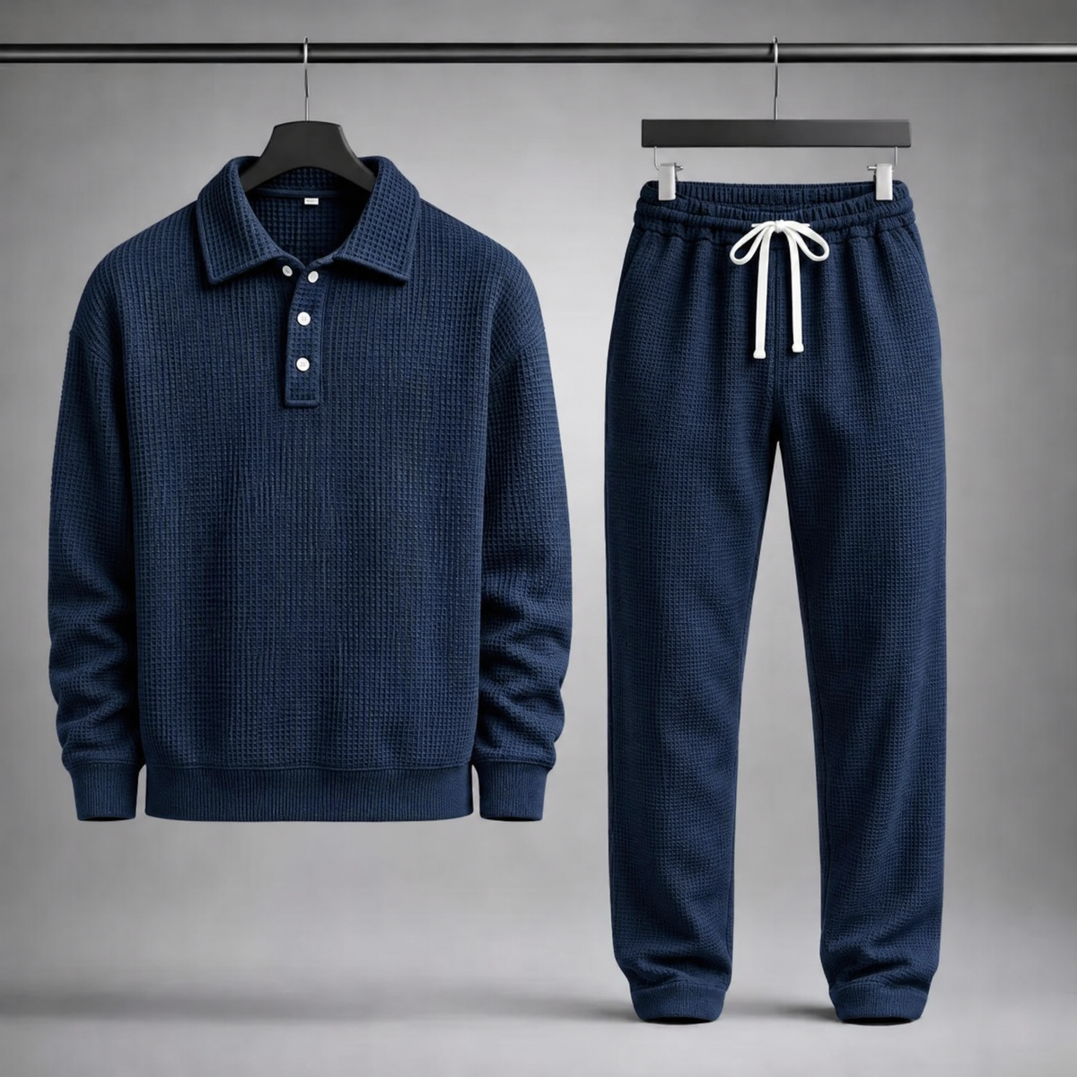 Men's Waffle-Knit Polo and Drawstring Trouser Set in Navy – front view of set | Hensley London