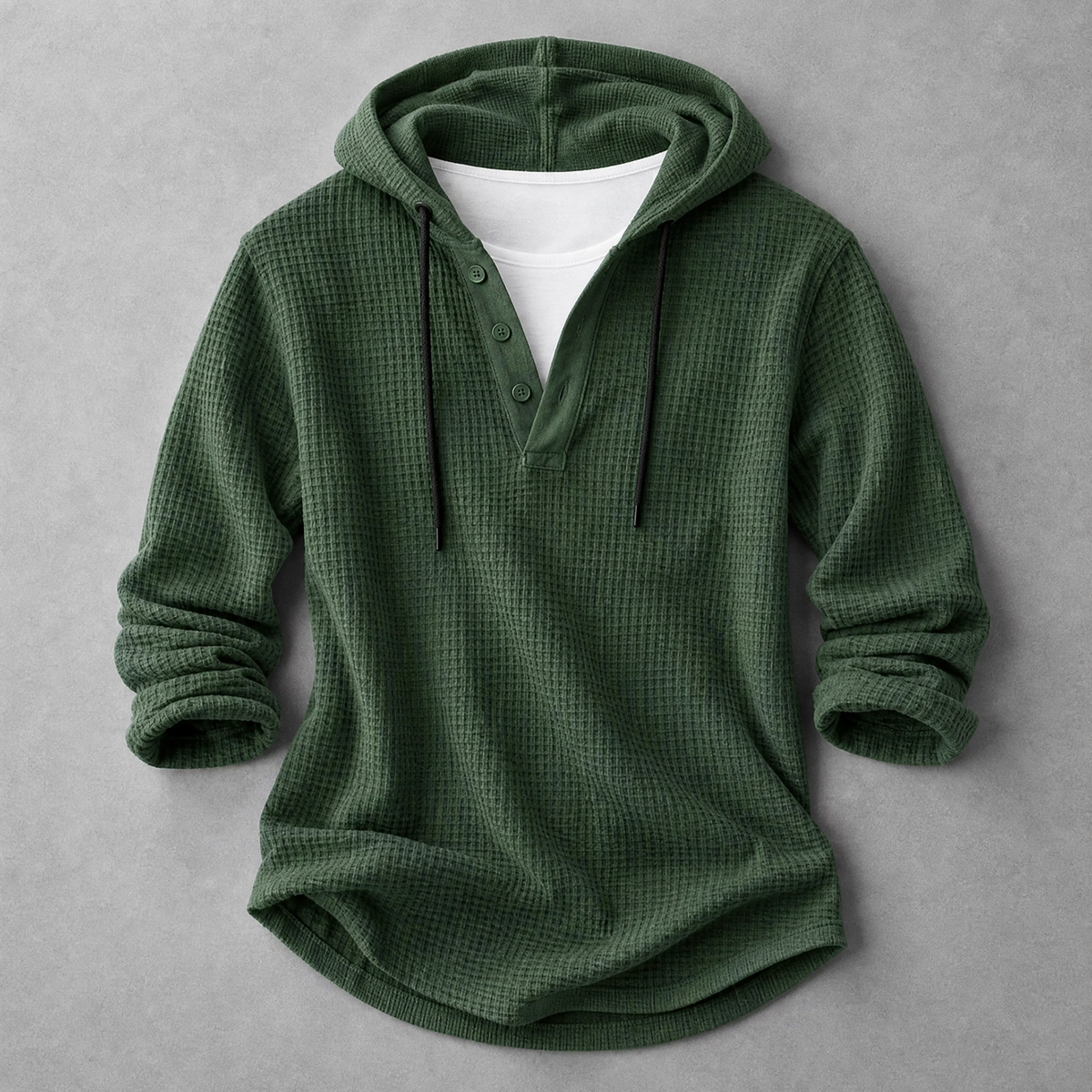 Men's Waffle-Knit Henley Hoodie in Green – front view | Hensley London