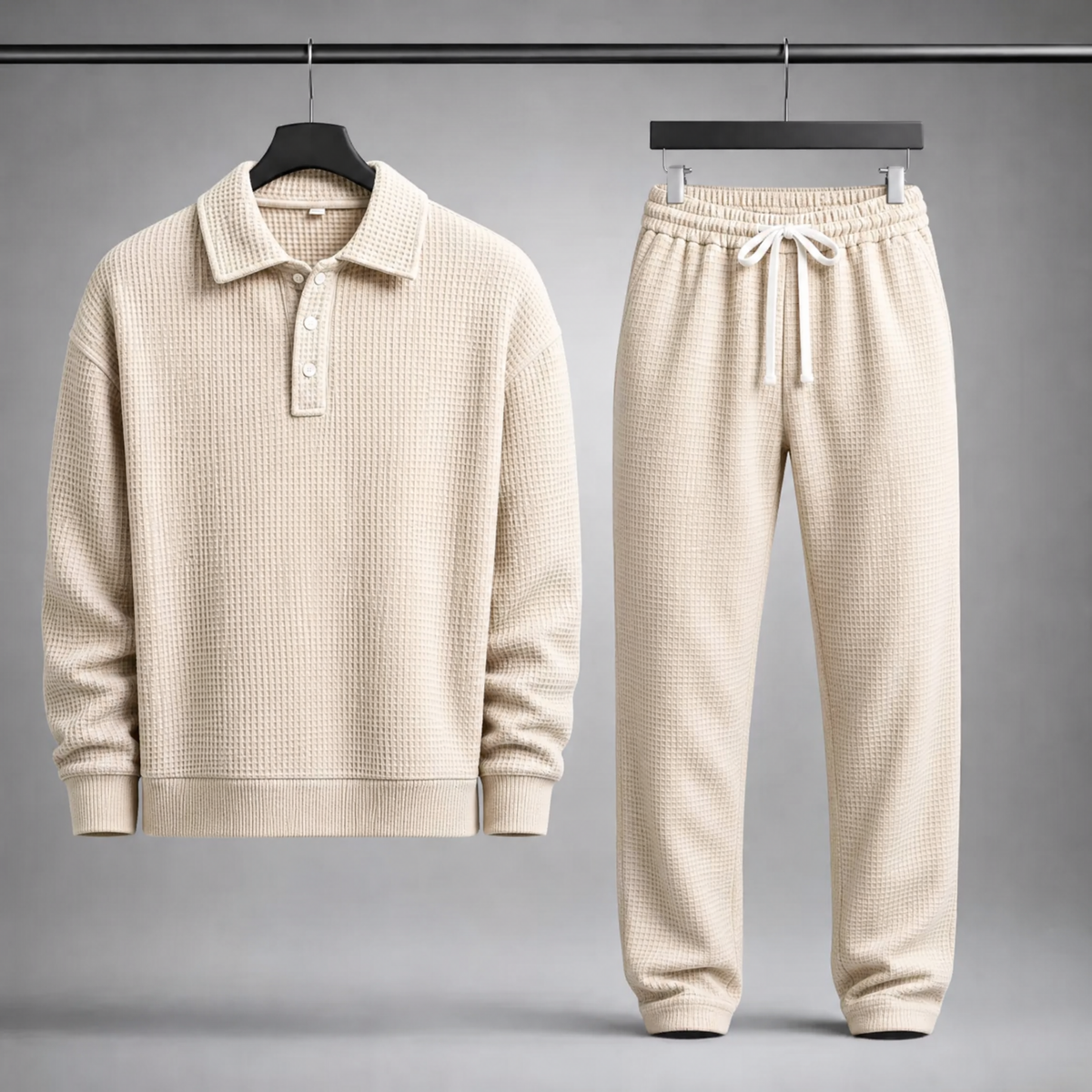Men's Waffle-Knit Polo and Drawstring Trouser Set in Khaki – front view of set | Hensley London