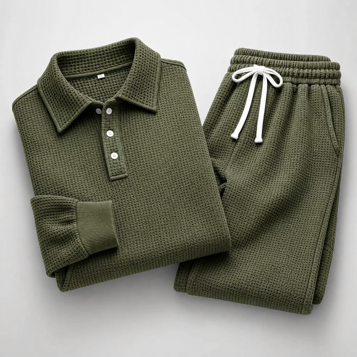 Men's Waffle-Knit Polo and Drawstring Trouser Set in Green – folded detail view | Hensley London
