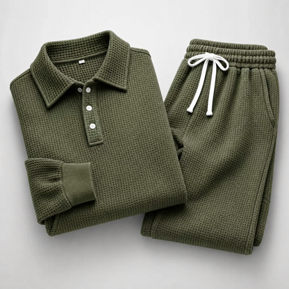 Men's Waffle-Knit Polo and Drawstring Trouser Set in Green – folded detail view | Hensley London