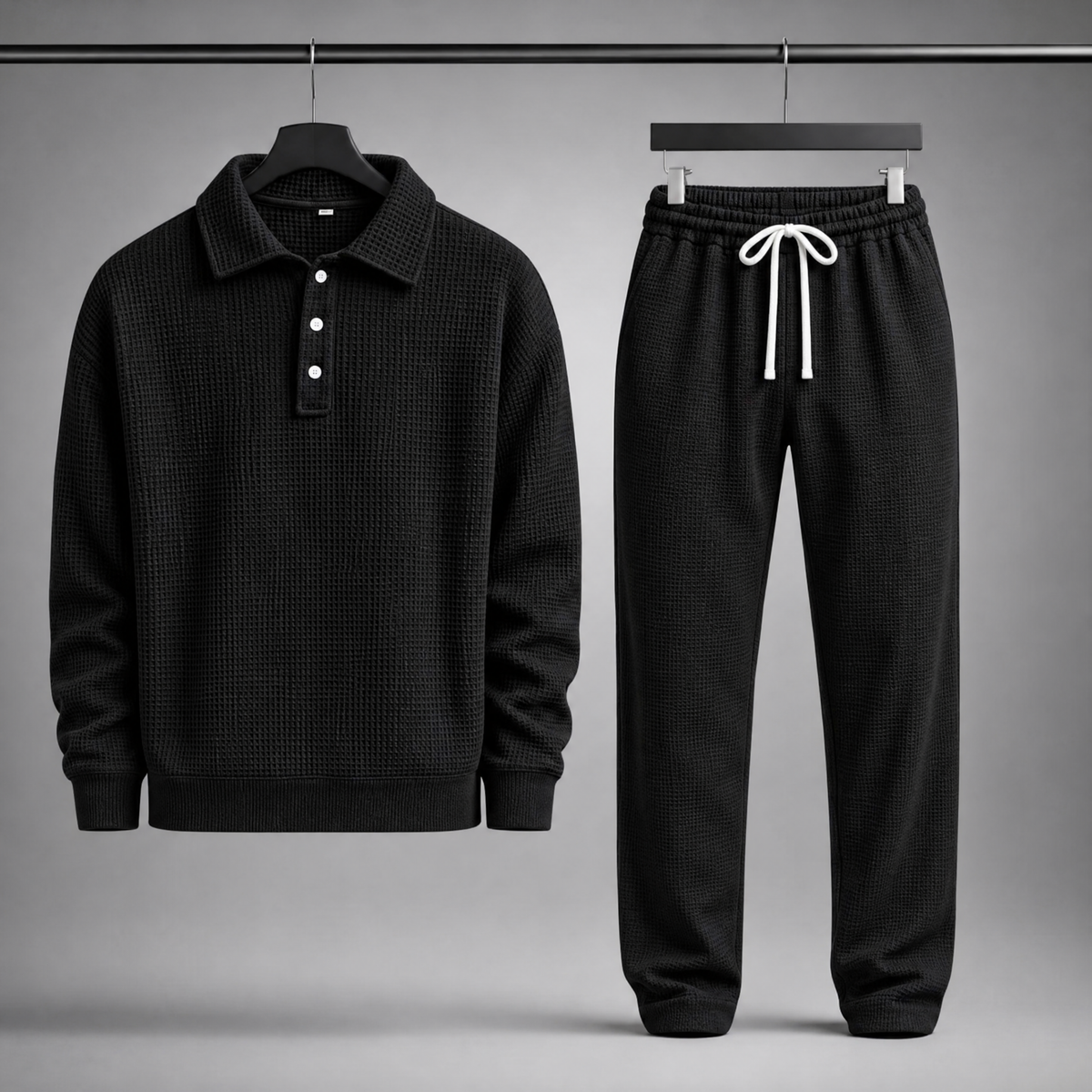 Men's Waffle-Knit Polo and Drawstring Trouser Set in Black – front view of set | Hensley London
