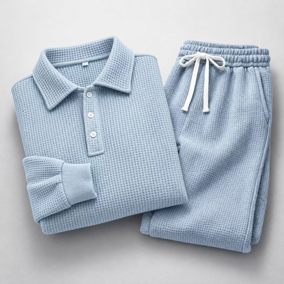 Men's Waffle-Knit Polo and Drawstring Trouser Set in Blue – folded detail view | Hensley London