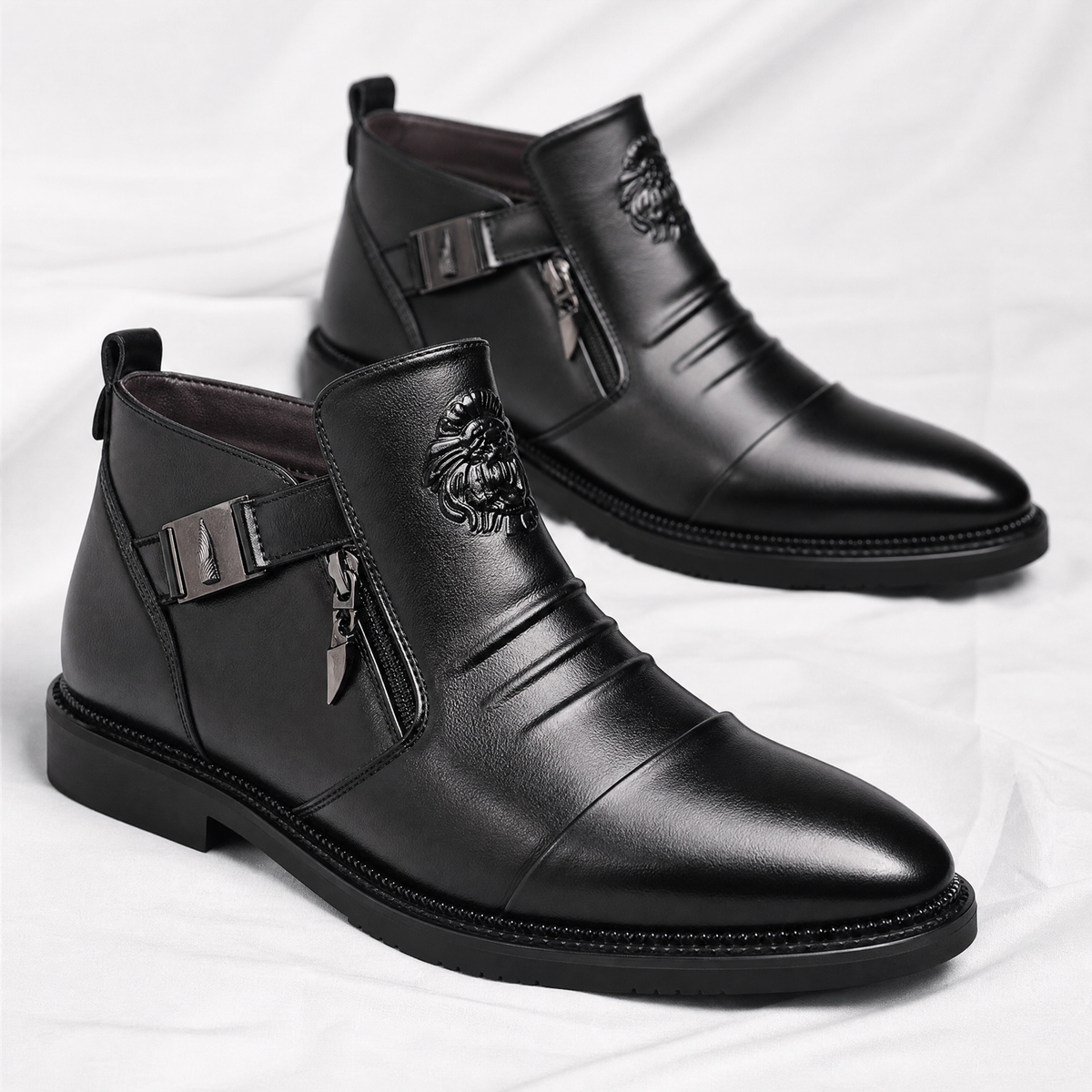 Men's Buckle Ankle Boots in Black – pair at three-quarter angle | Hensley London
