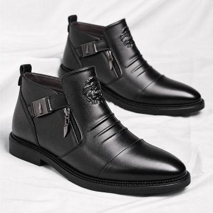 Men's Buckle Ankle Boots in Black – pair at three-quarter angle | Hensley London