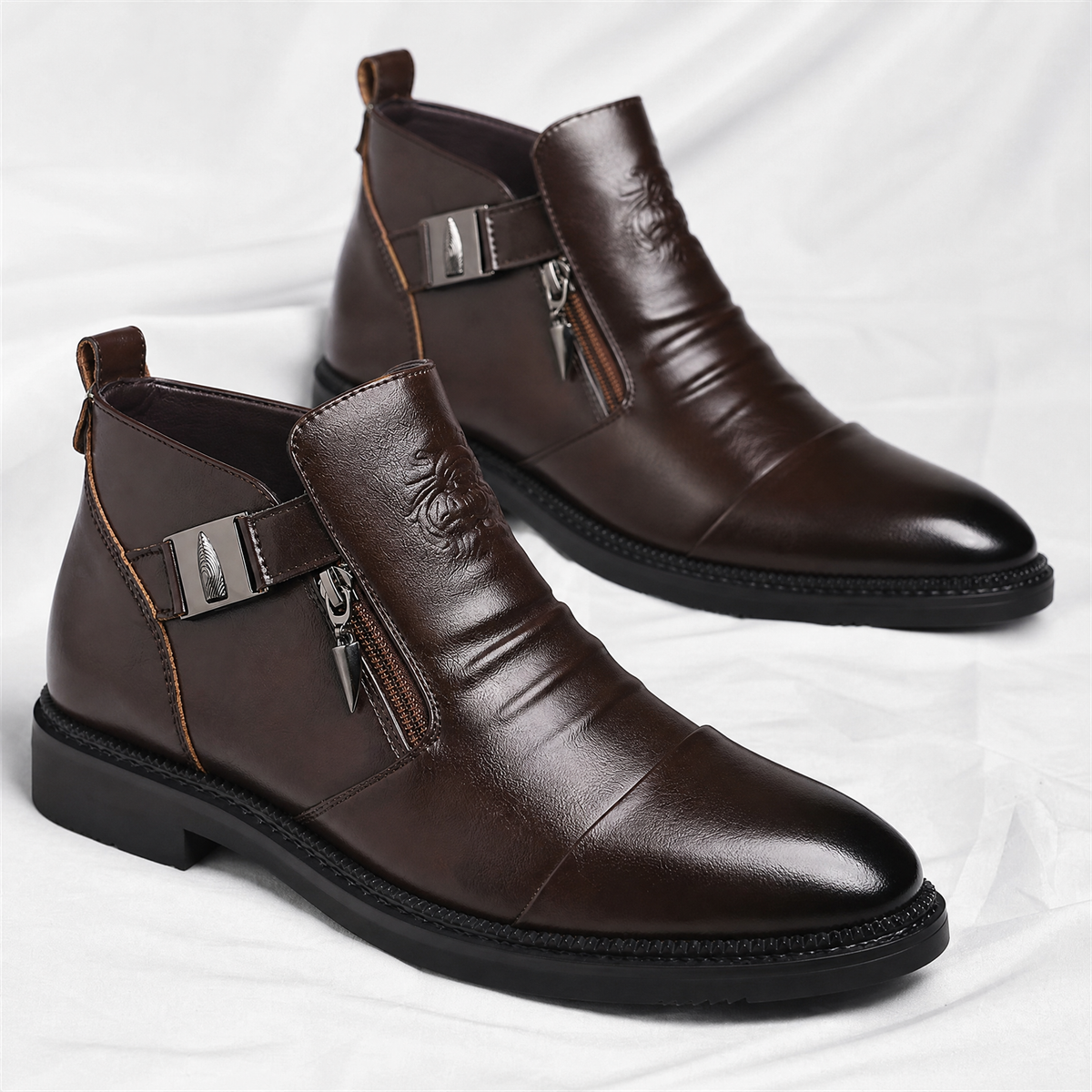 Men's Buckle Ankle Boots in Brown – pair at three-quarter angle | Hensley London