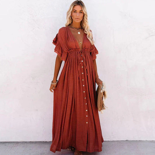 Women's Maxi Dress Red Rayon Blend Bohemian Style-1