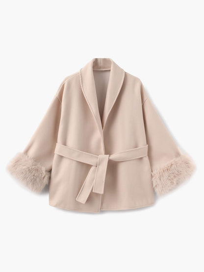 Women's Belted Shawl-Collar Coat with Textured Cuffs in Beige – front product view | Hensley London