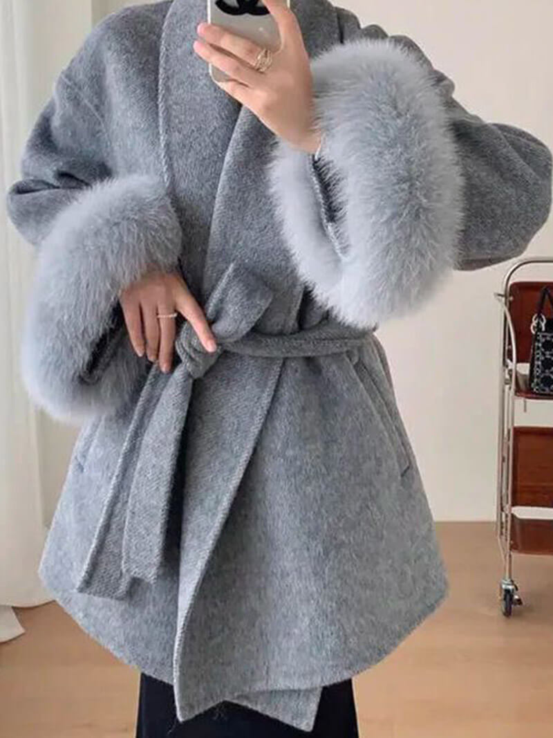Women's Belted Shawl-Collar Coat with Textured Cuffs in Grey – collar and cuff worn detail | Hensley London