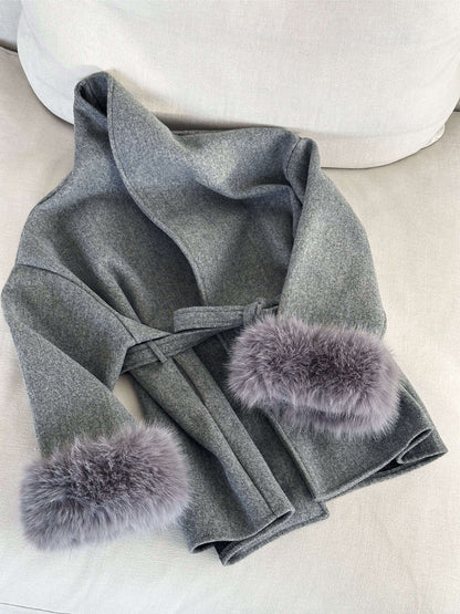 Women's Belted Shawl-Collar Coat with Textured Cuffs in Grey – folded collar and cuff detail | Hensley London