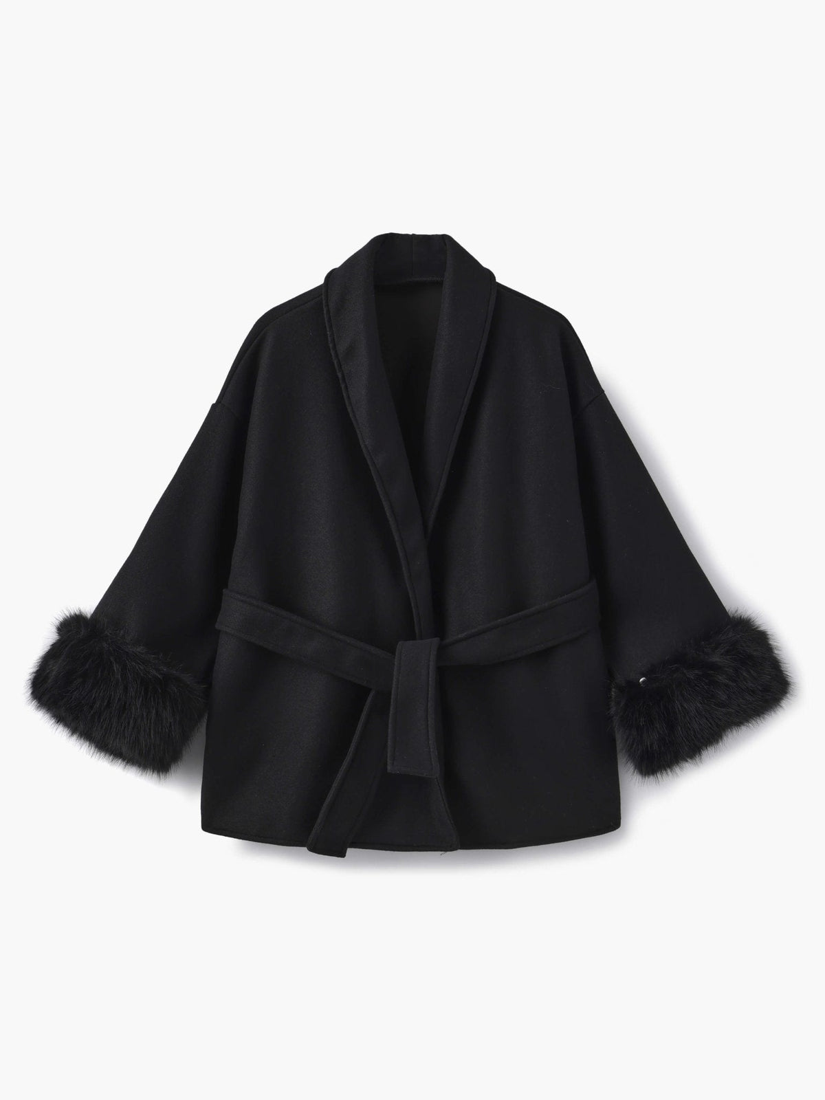 Women's Belted Shawl-Collar Coat with Textured Cuffs in Black – front product view | Hensley London