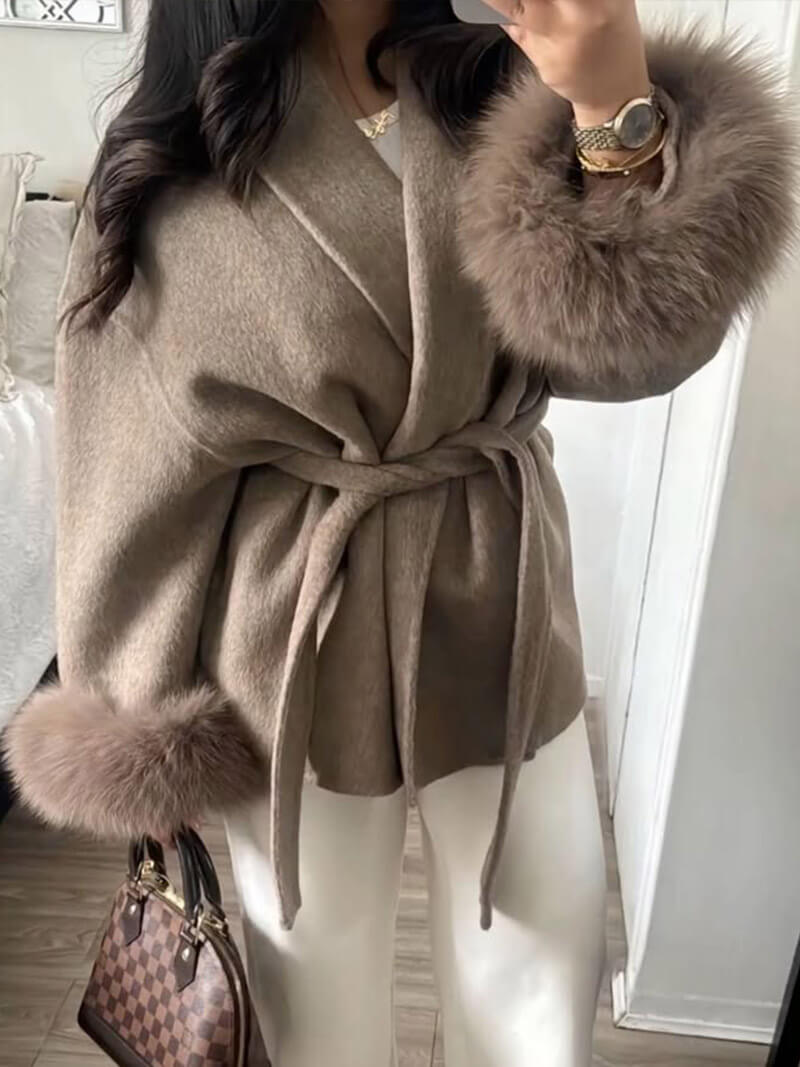 Women's Belted Shawl-Collar Coat with Textured Cuffs in Brown – cuff worn detail | Hensley London