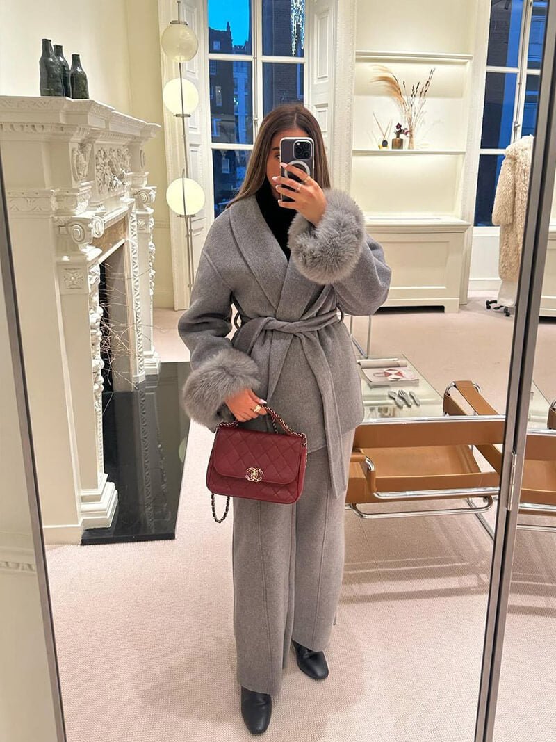 Women's Belted Shawl-Collar Coat with Textured Cuffs in Grey – full outfit view | Hensley London