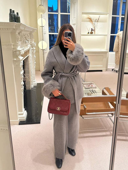 Women's Belted Shawl-Collar Coat with Textured Cuffs in Grey – full outfit view | Hensley London