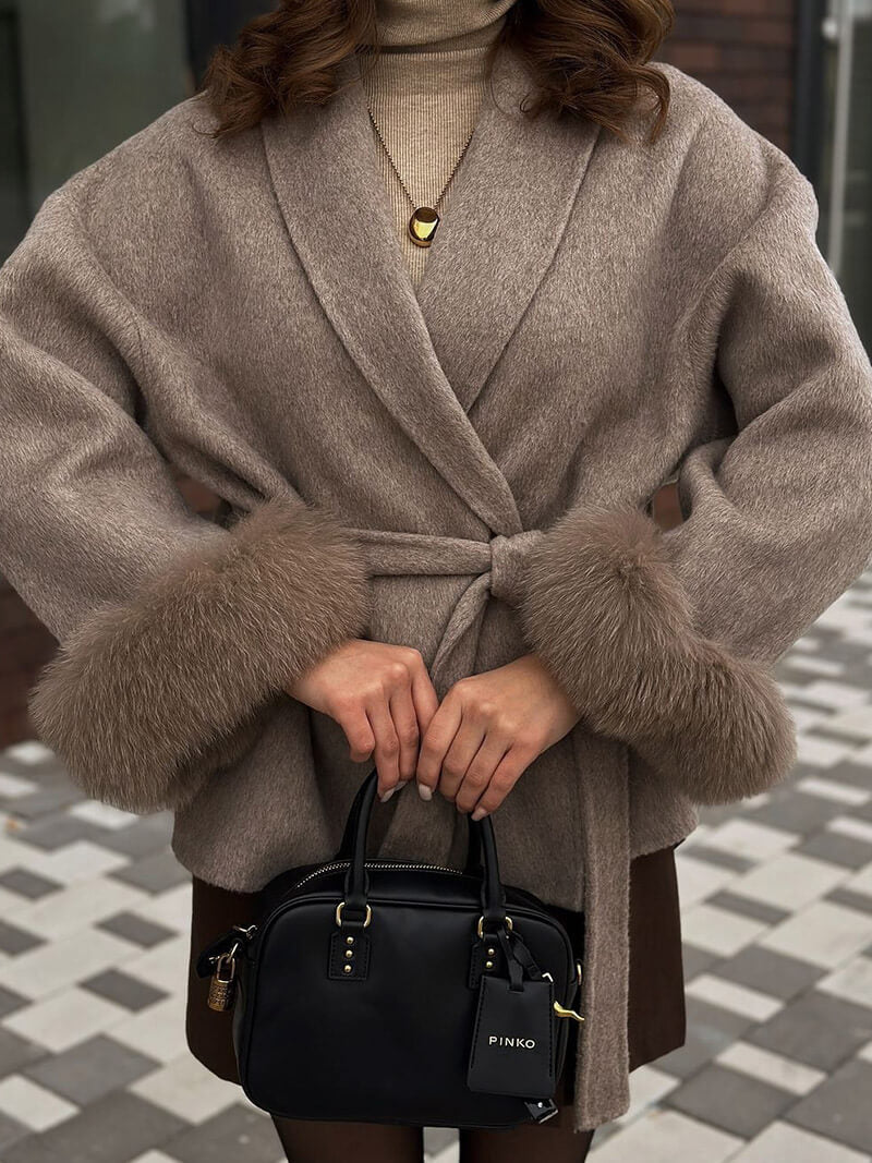 Women's Belted Shawl-Collar Coat with Textured Cuffs in Brown – waist and cuff worn detail | Hensley London