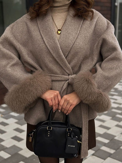 Women's Belted Shawl-Collar Coat with Textured Cuffs in Brown – waist and cuff worn detail | Hensley London