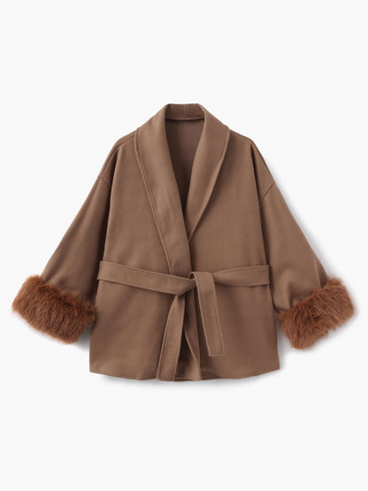Women's Belted Shawl-Collar Coat with Textured Cuffs in Brown – front product view | Hensley London