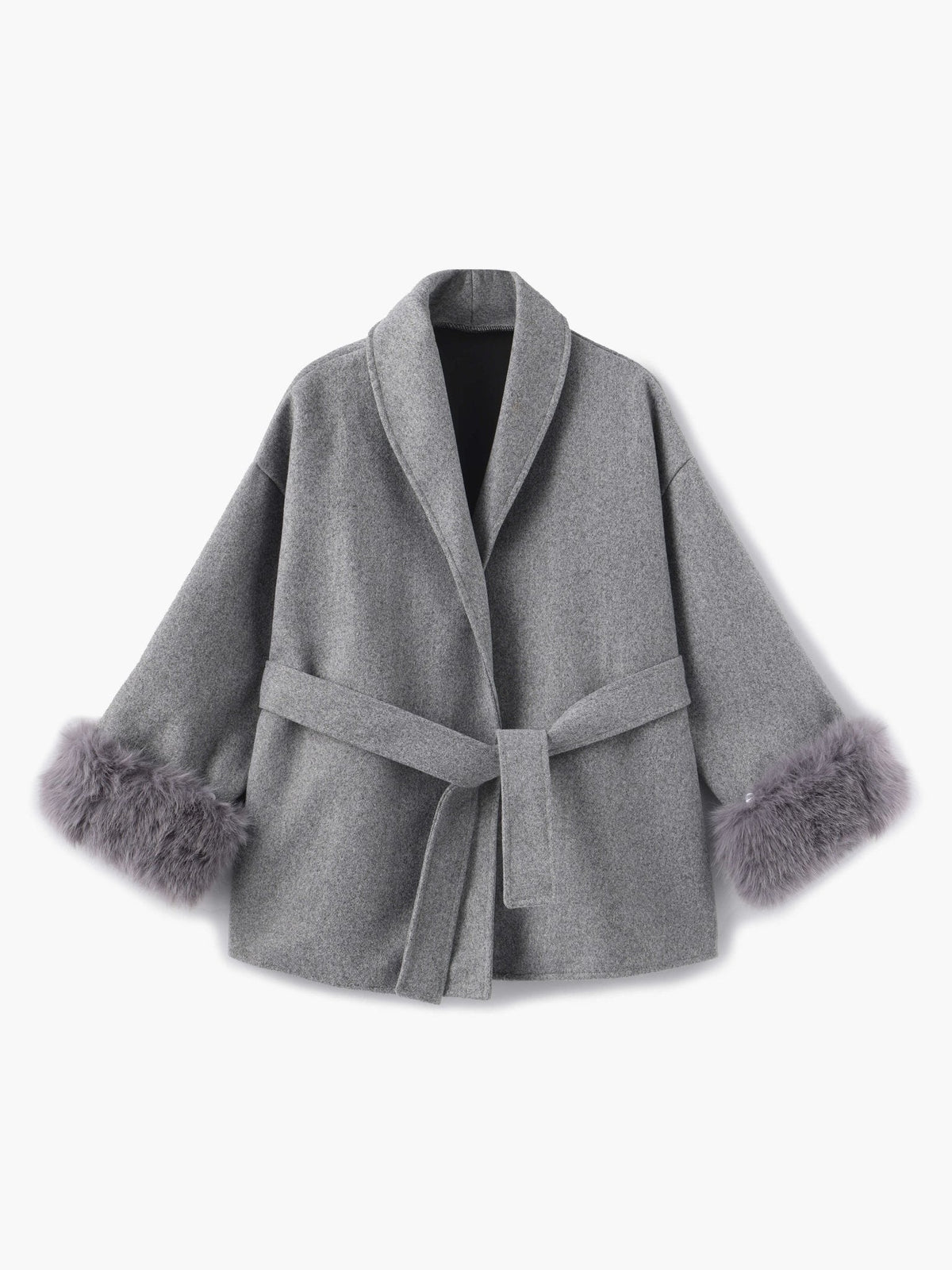 Women's Belted Shawl-Collar Coat with Textured Cuffs in Grey – front product view | Hensley London