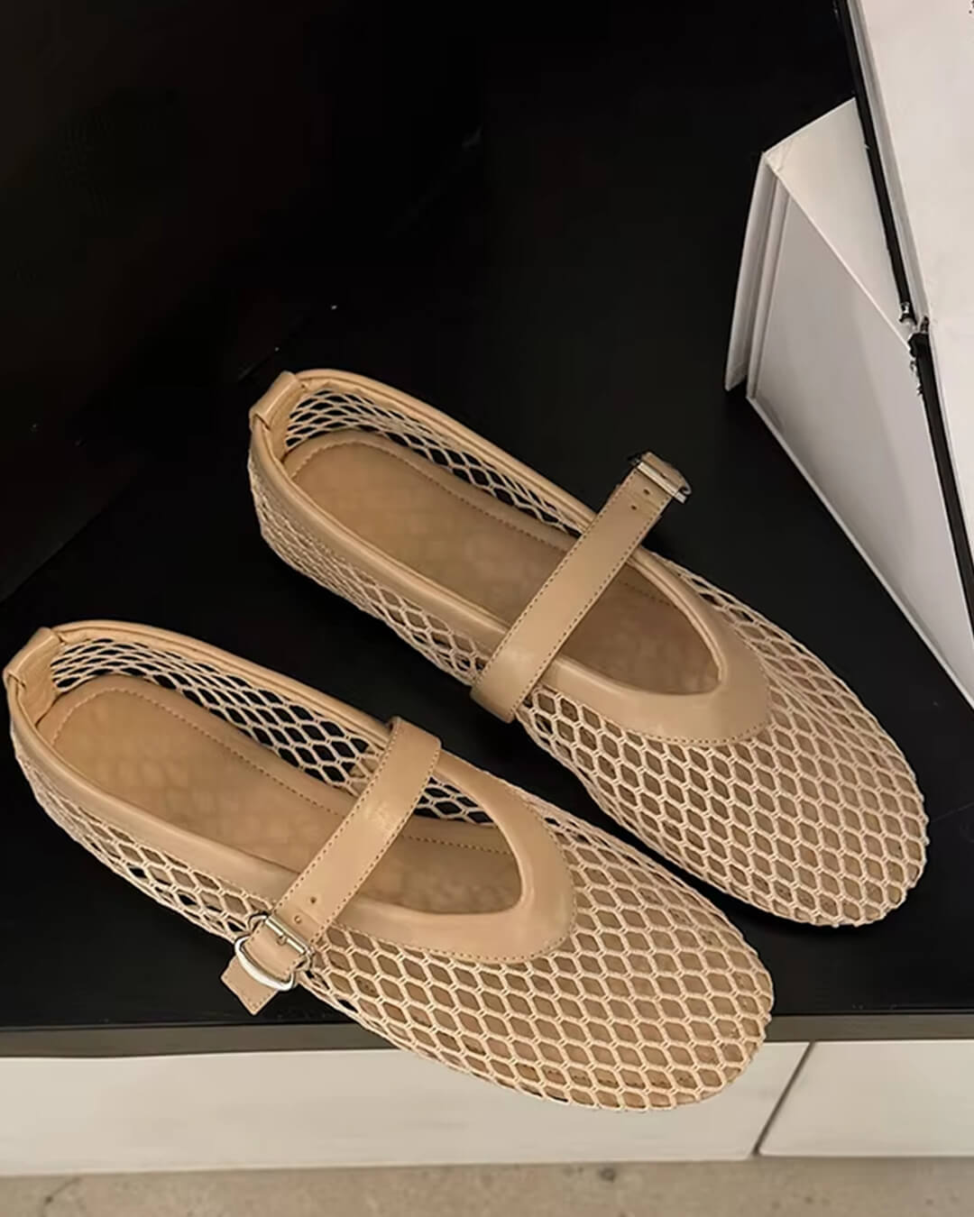 Women's Mesh Mary Jane Ballet Flats in Beige – pair detail view | Hensley London