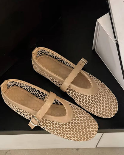 Women's Mesh Mary Jane Ballet Flats in Beige – pair detail view | Hensley London