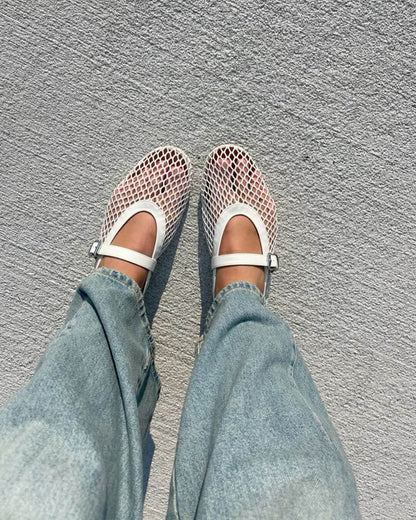 Women's Mesh Mary Jane Ballet Flats in White – worn with jeans | Hensley London