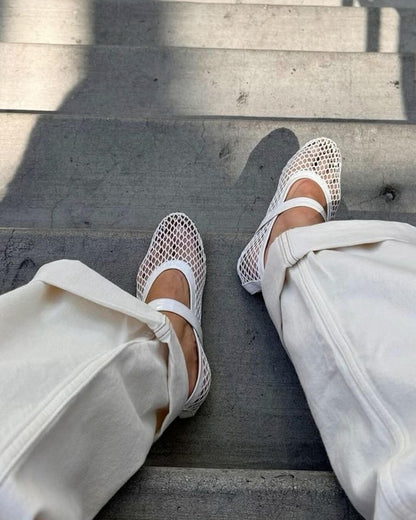 Women's Mesh Mary Jane Ballet Flats in White – worn view on steps | Hensley London