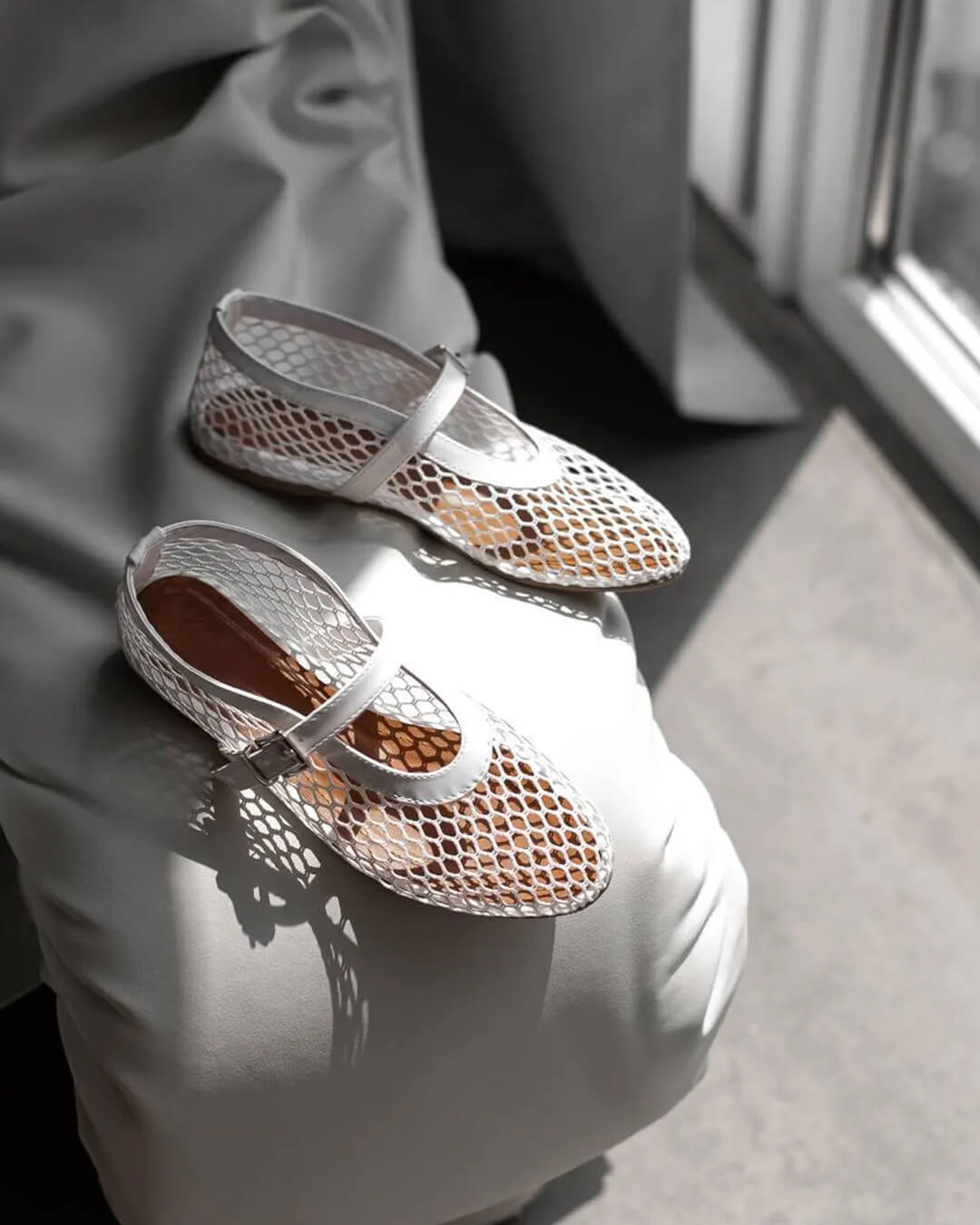 Women's Mesh Mary Jane Ballet Flats in White – pair by a window | Hensley London
