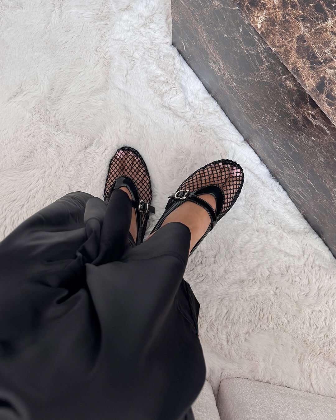 Women's Mesh Mary Jane Ballet Flats in Black – worn top view | Hensley London