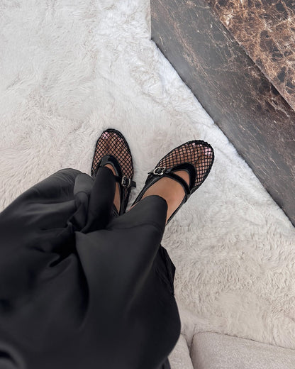 Women's Mesh Mary Jane Ballet Flats in Black – worn top view | Hensley London