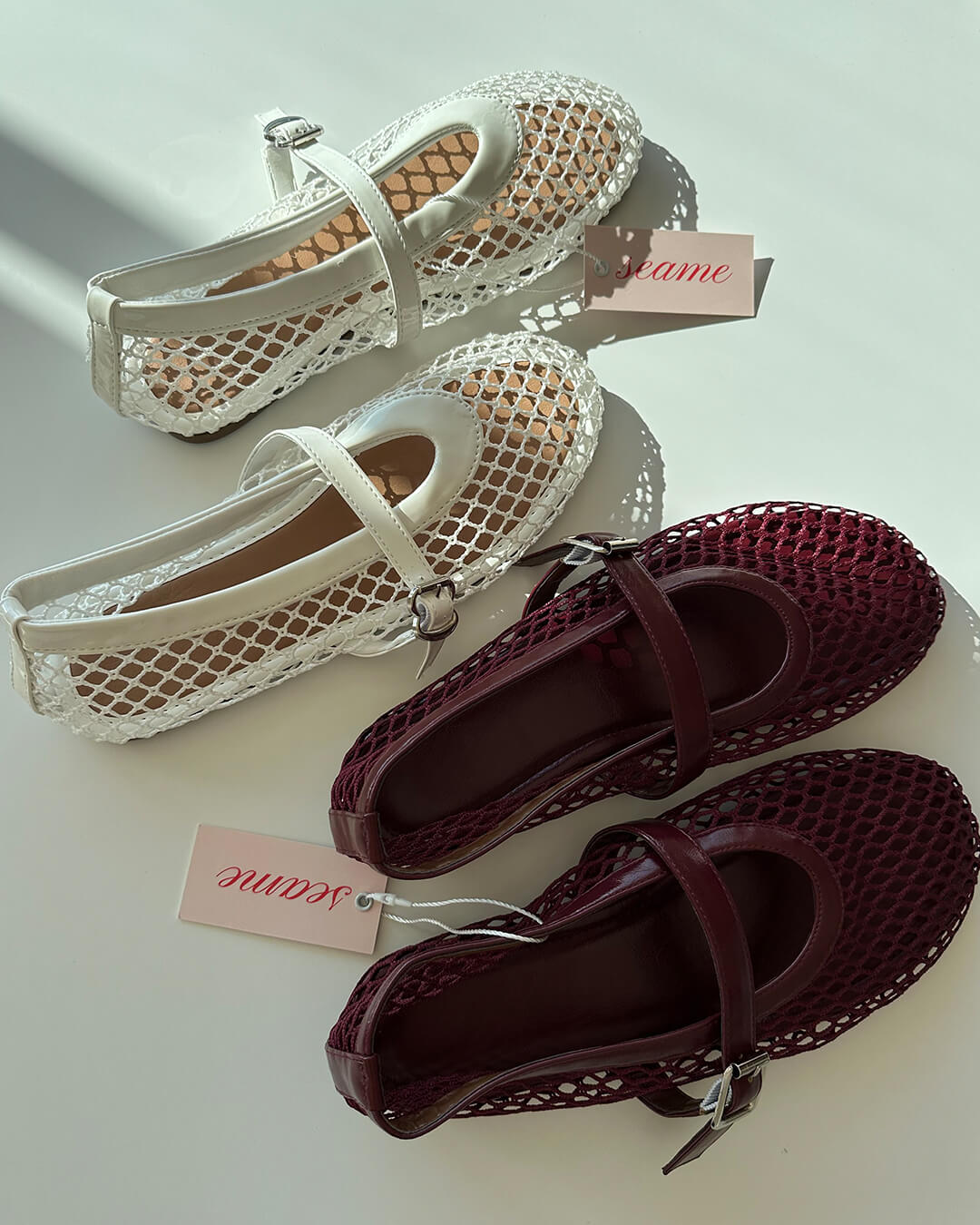 Women's Mesh Mary Jane Ballet Flats in White and Burgundy – colour comparison | Hensley London