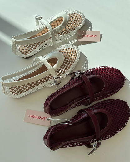 Women's Mesh Mary Jane Ballet Flats in White and Burgundy – colour comparison | Hensley London