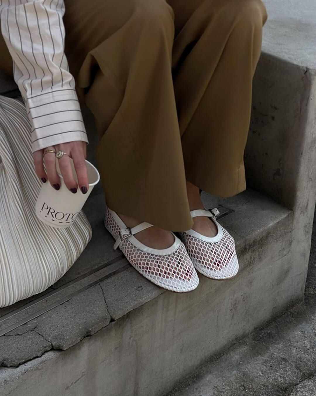 Women's Mesh Mary Jane Ballet Flats in White – worn seated view | Hensley London
