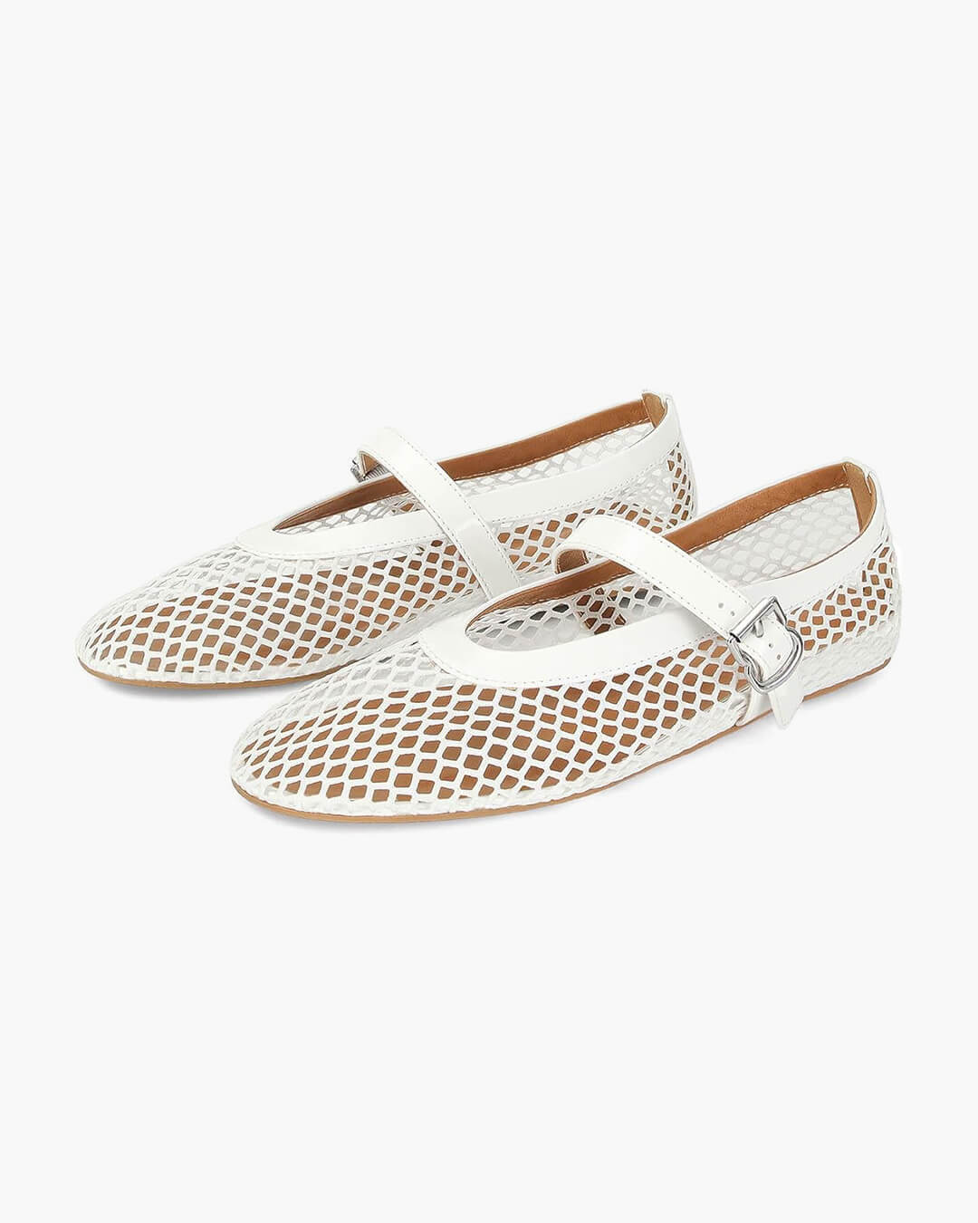 Women's Mesh Mary Jane Ballet Flats in White – product-only pair view | Hensley London