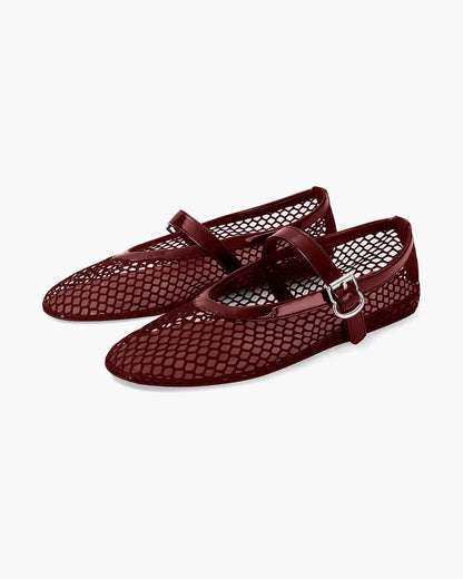 Women's Mesh Mary Jane Ballet Flats in Burgundy – product-only pair view | Hensley London