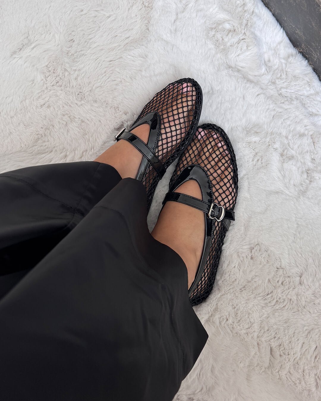 Women's Mesh Mary Jane Ballet Flats in Black – worn top view | Hensley London