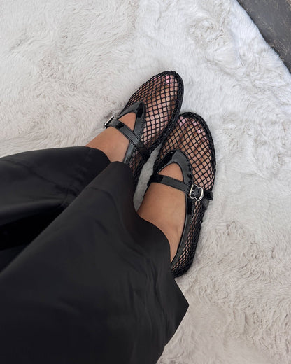 Women's Mesh Mary Jane Ballet Flats in Black – worn top view | Hensley London