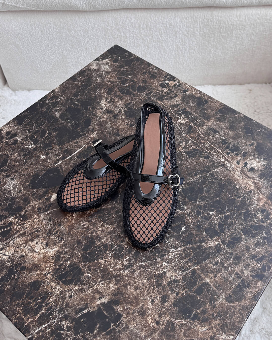 Women's Mesh Mary Jane Ballet Flats in Black – pair on a table | Hensley London