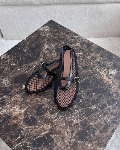 Women's Mesh Mary Jane Ballet Flats in Black – pair on a table | Hensley London