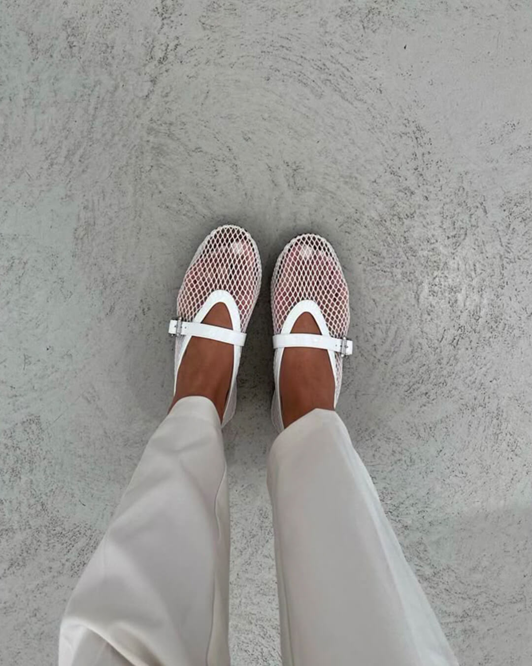 Women's Mesh Mary Jane Ballet Flats in White – worn top view | Hensley London