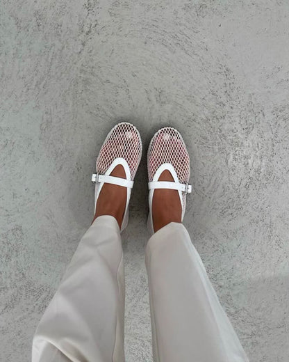 Women's Mesh Mary Jane Ballet Flats in White – worn top view | Hensley London