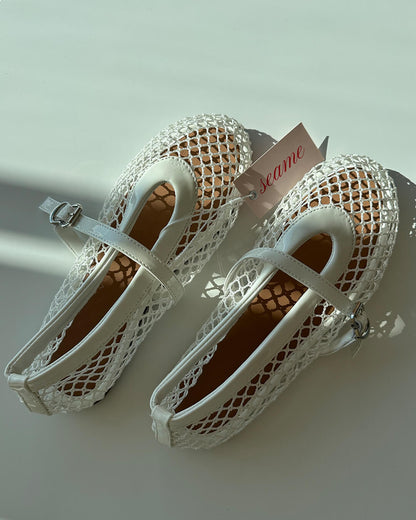 Women's Mesh Mary Jane Ballet Flats in White – mesh and strap detail | Hensley London