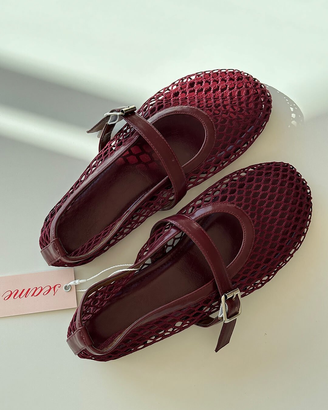 Women's Mesh Mary Jane Ballet Flats in Burgundy – pair detail view | Hensley London