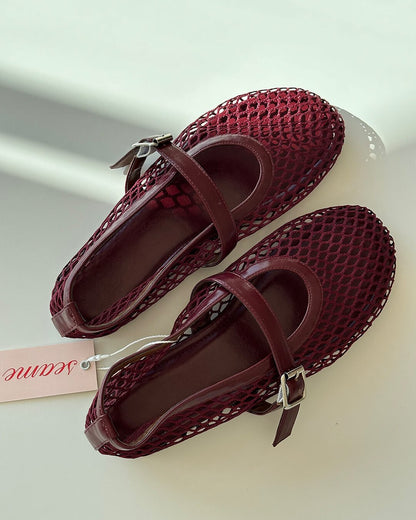 Women's Mesh Mary Jane Ballet Flats in Burgundy – pair detail view | Hensley London