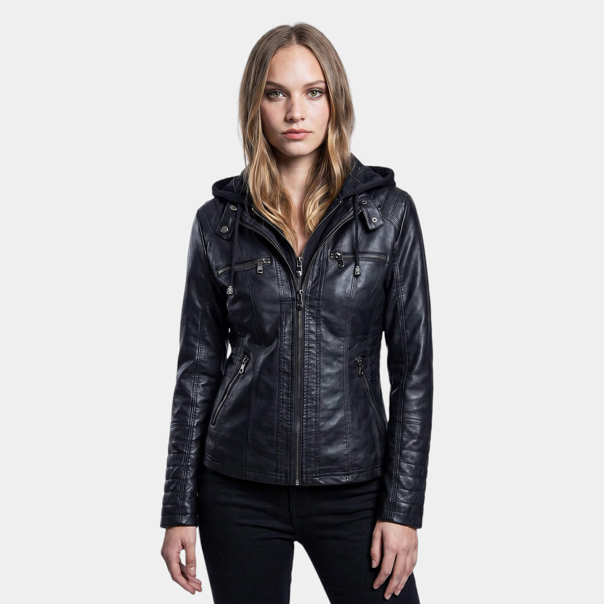 Women's Hooded Panelled Jacket in Black – front view on model | Hensley London