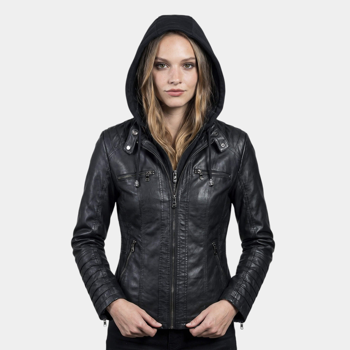 Women's Hooded Panelled Jacket in Black – hood-up front view | Hensley London