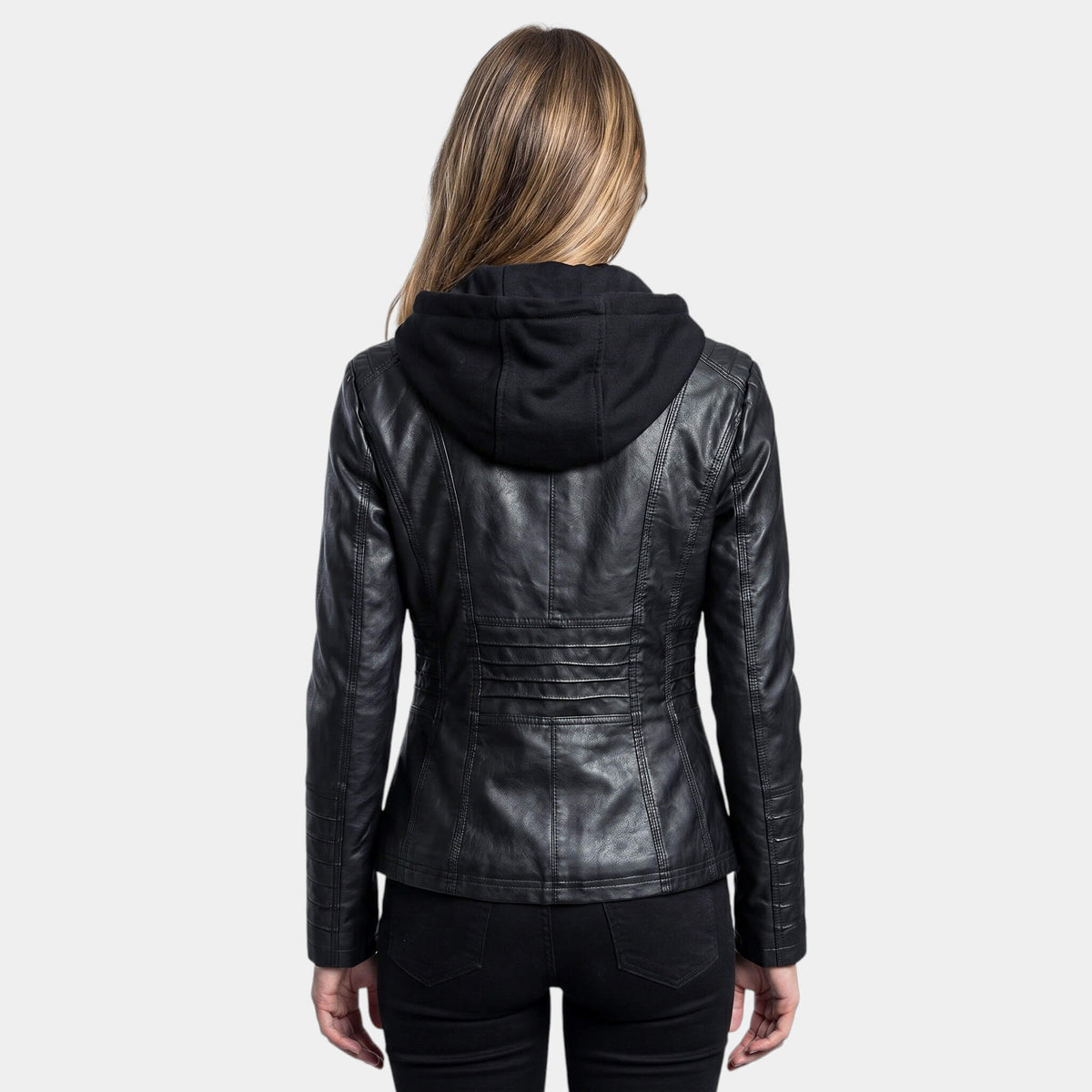 Women's Hooded Panelled Jacket in Black – back view on model | Hensley London