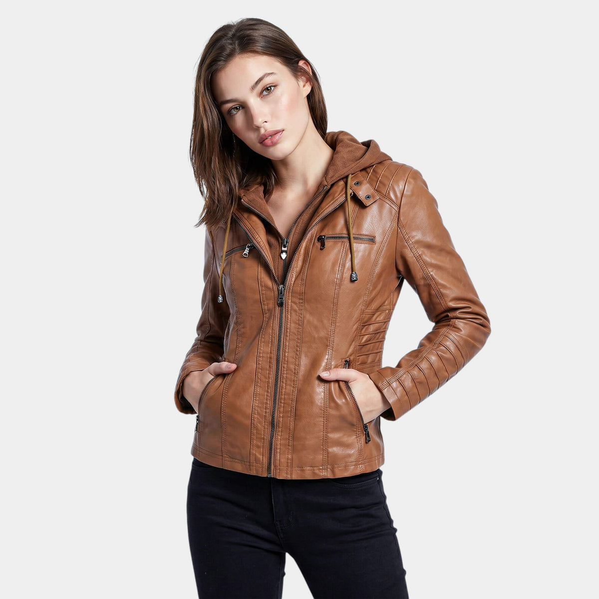Women's Hooded Panelled Jacket in Brown – front view on model | Hensley London